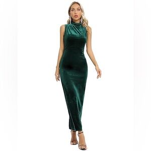 Emerald Green Velvet Sleeveless Mock Neck Prom Evening Cocktail Maxi Dress Sz L